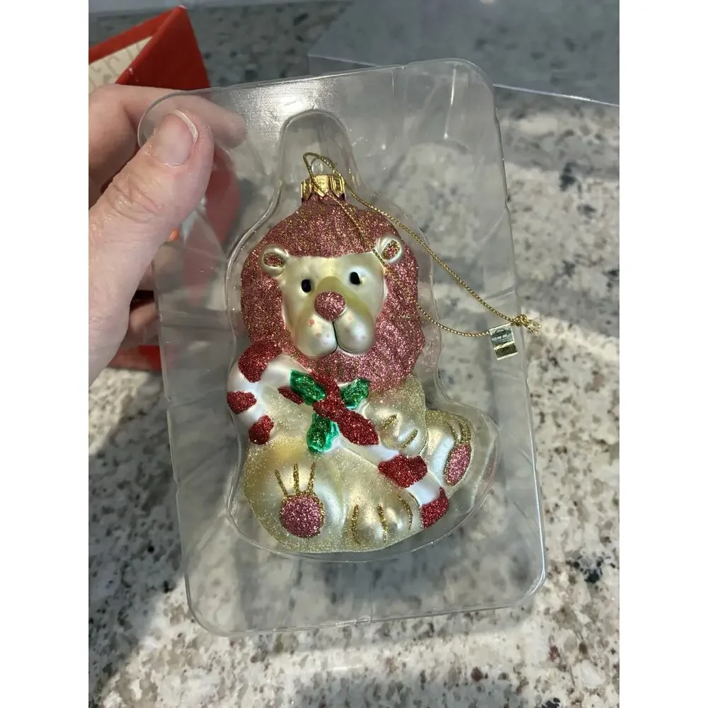 Fitz And Floyd Lion with Candy Cane Glass Ornament - Remembering Santa Lion